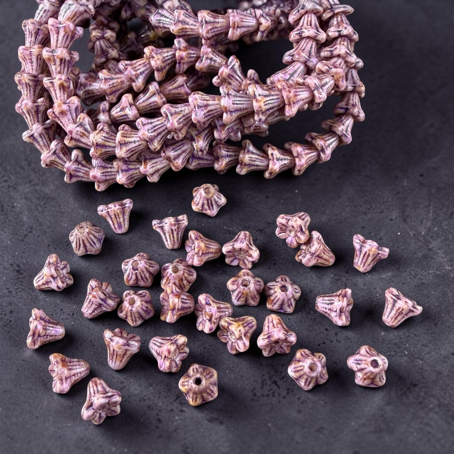 Czech Beads - 5x6mm Small Trumpet Bell Flower, Lavender with Purple Picasso (FLO/N-2301) * 30 Beads