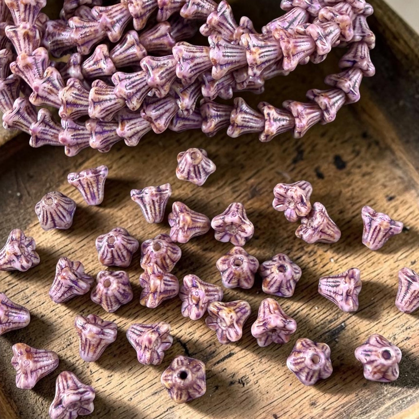 Czech Beads - 5x6mm Small Trumpet Bell Flower, Lavender with Purple Picasso (FLO/N-2301) * 30 Beads
