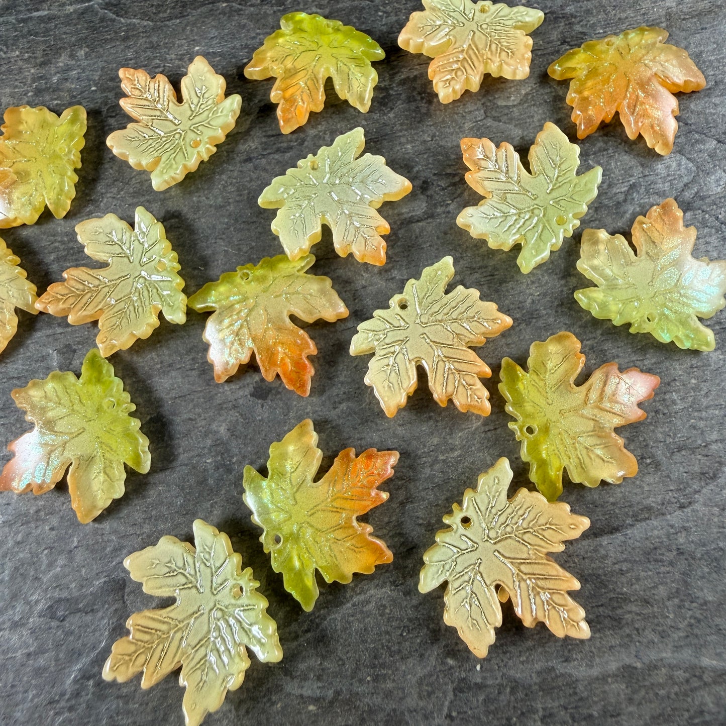 Yellow, Green & Orange Glass Leaf Beads - 19.5mm Top Drilled Maple Leaf Shape (ML19-098) * 10 Beads