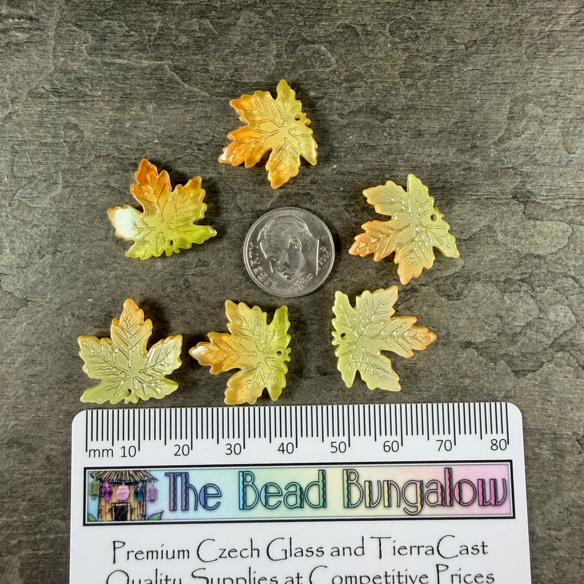 Yellow, Green & Orange Glass Leaf Beads - 19.5mm Top Drilled Maple Leaf Shape (ML19-098) * 10 Beads