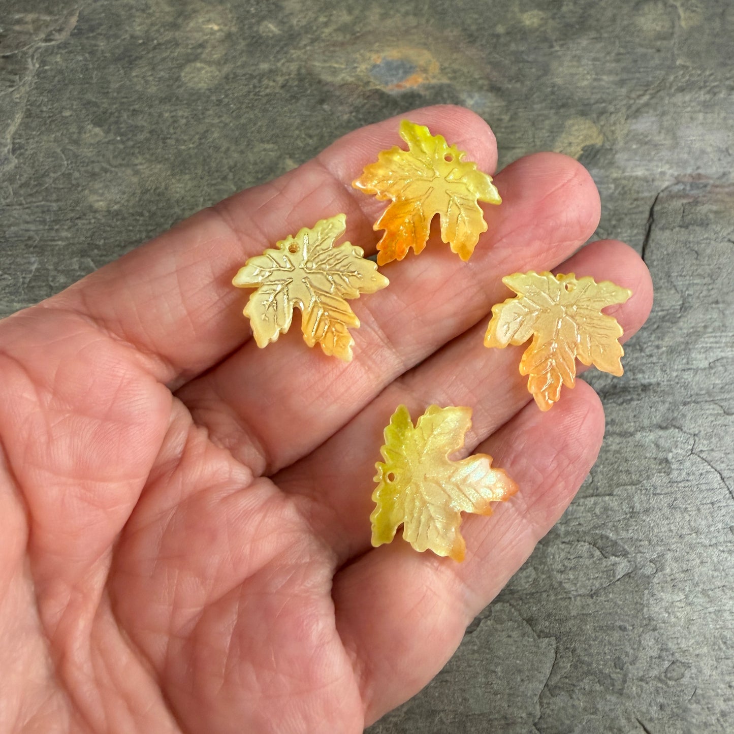 Yellow, Green & Orange Glass Leaf Beads - 19.5mm Top Drilled Maple Leaf Shape (ML19-098) * 10 Beads