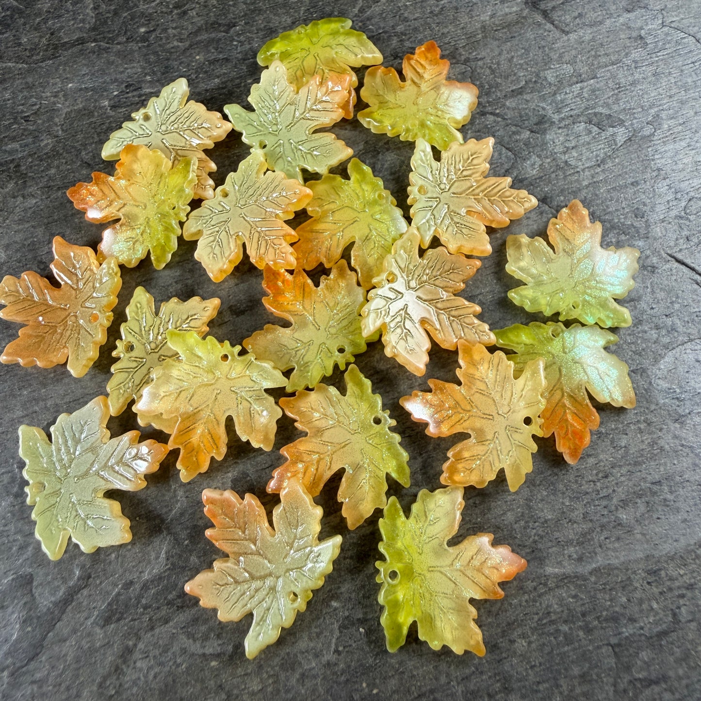 Yellow, Green & Orange Glass Leaf Beads - 19.5mm Top Drilled Maple Leaf Shape (ML19-098) * 10 Beads