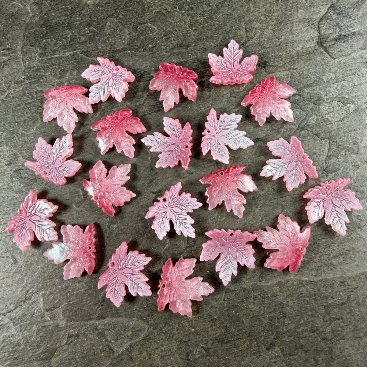 Pink and White Glass Leaf Beads - 19.5mm Maple Leaf Shape (ML19-215) * 10 Beads