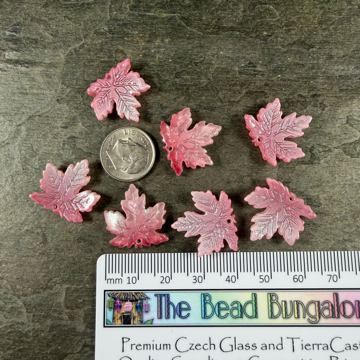 Pink and White Glass Leaf Beads - 19.5mm Maple Leaf Shape (ML19-215) * 10 Beads
