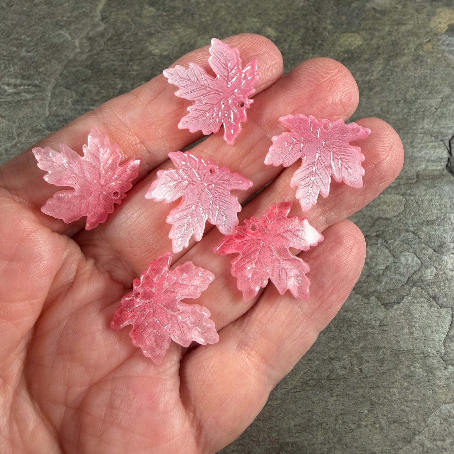Pink and White Glass Leaf Beads - 19.5mm Maple Leaf Shape (ML19-215) * 10 Beads