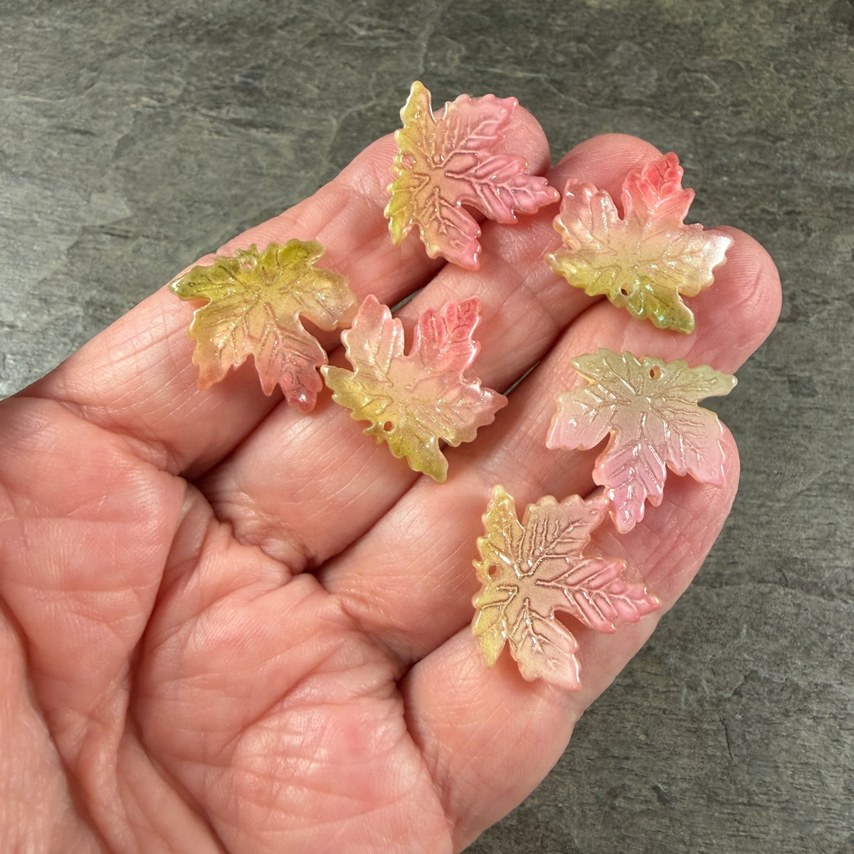 Pink and Green Glass Leaf Beads - 19.5mm Top Drilled Maple Leaf Shape (ML19-817) * 10 Beads (Copy)