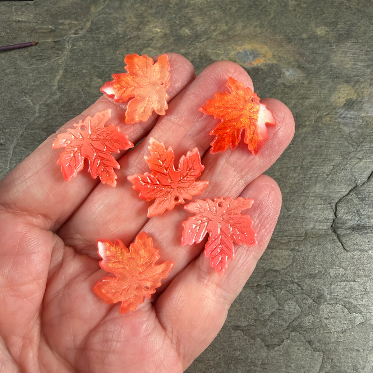 Orange Glass Leaf Beads - 19.5mm Maple Leaf Shape (ML19-305) * 10 Beads