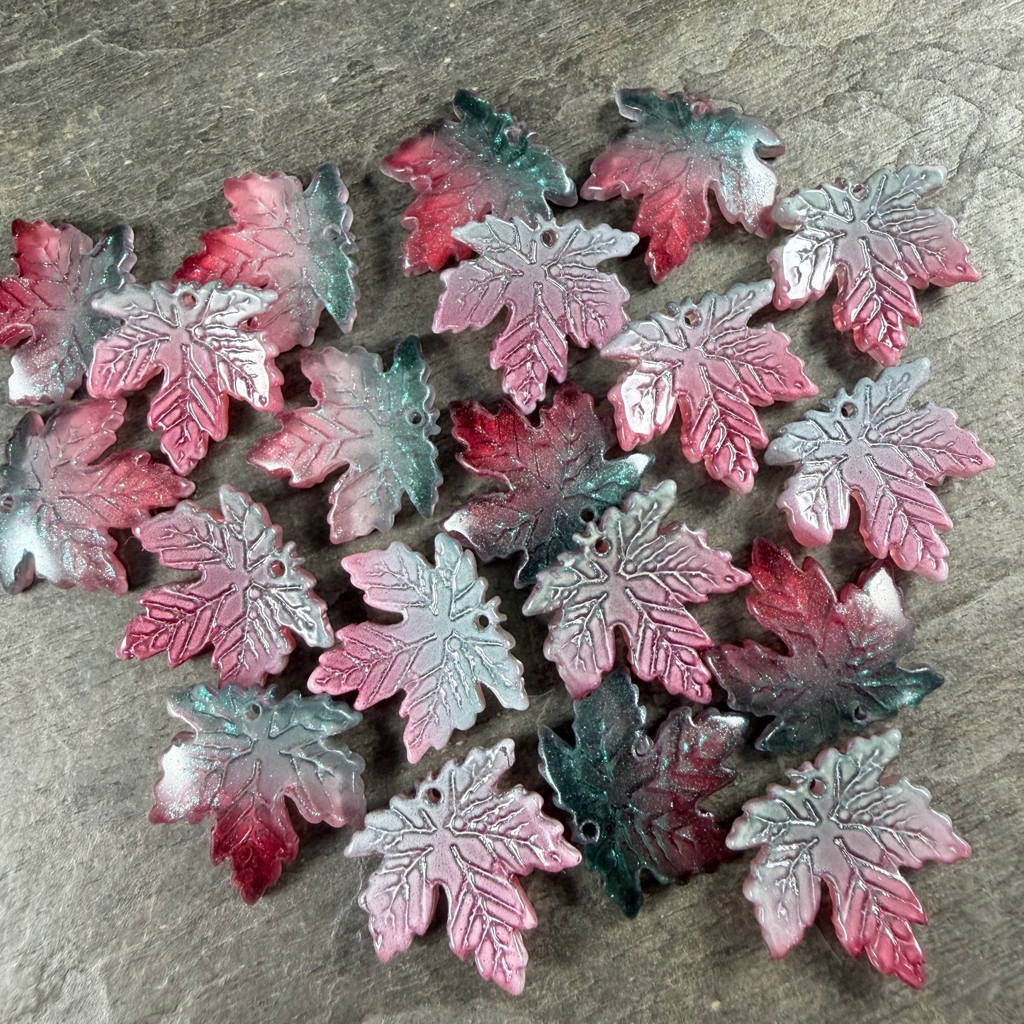 Teal and Fuchsia Glass Leaf Beads - 19.5mm Top Drilled Maple Leaf Shape (ML19-819) * 10 Beads
