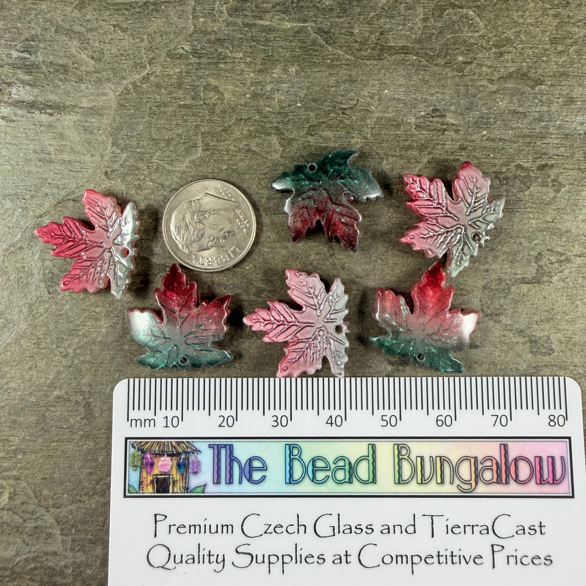 Teal and Fuchsia Glass Leaf Beads - 19.5mm Top Drilled Maple Leaf Shape (ML19-819) * 10 Beads