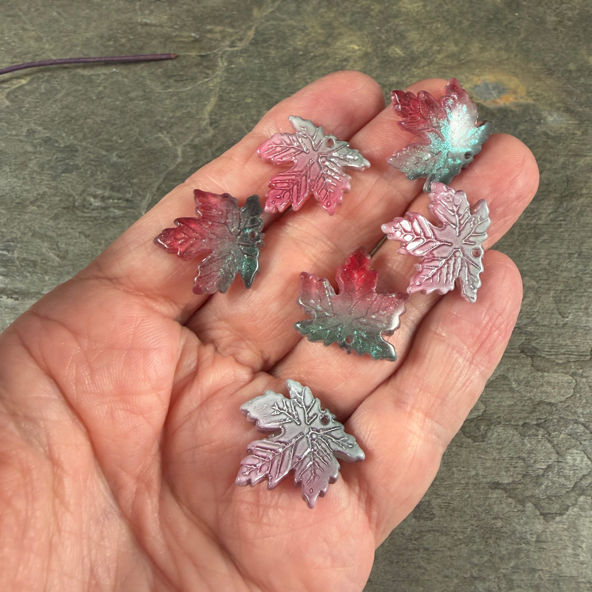 Teal and Fuchsia Glass Leaf Beads - 19.5mm Top Drilled Maple Leaf Shape (ML19-819) * 10 Beads