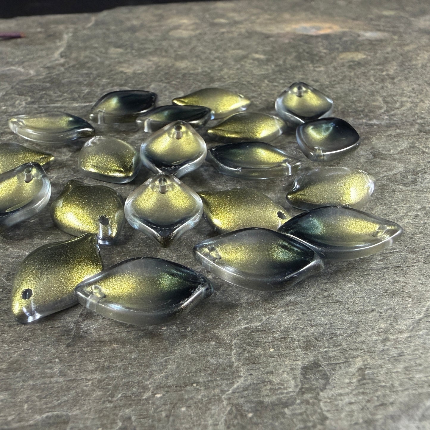 Black and Gold Glass Petal or Leaf Bead, 19x13mm Concave Oval (COL-102) * 10 Beads