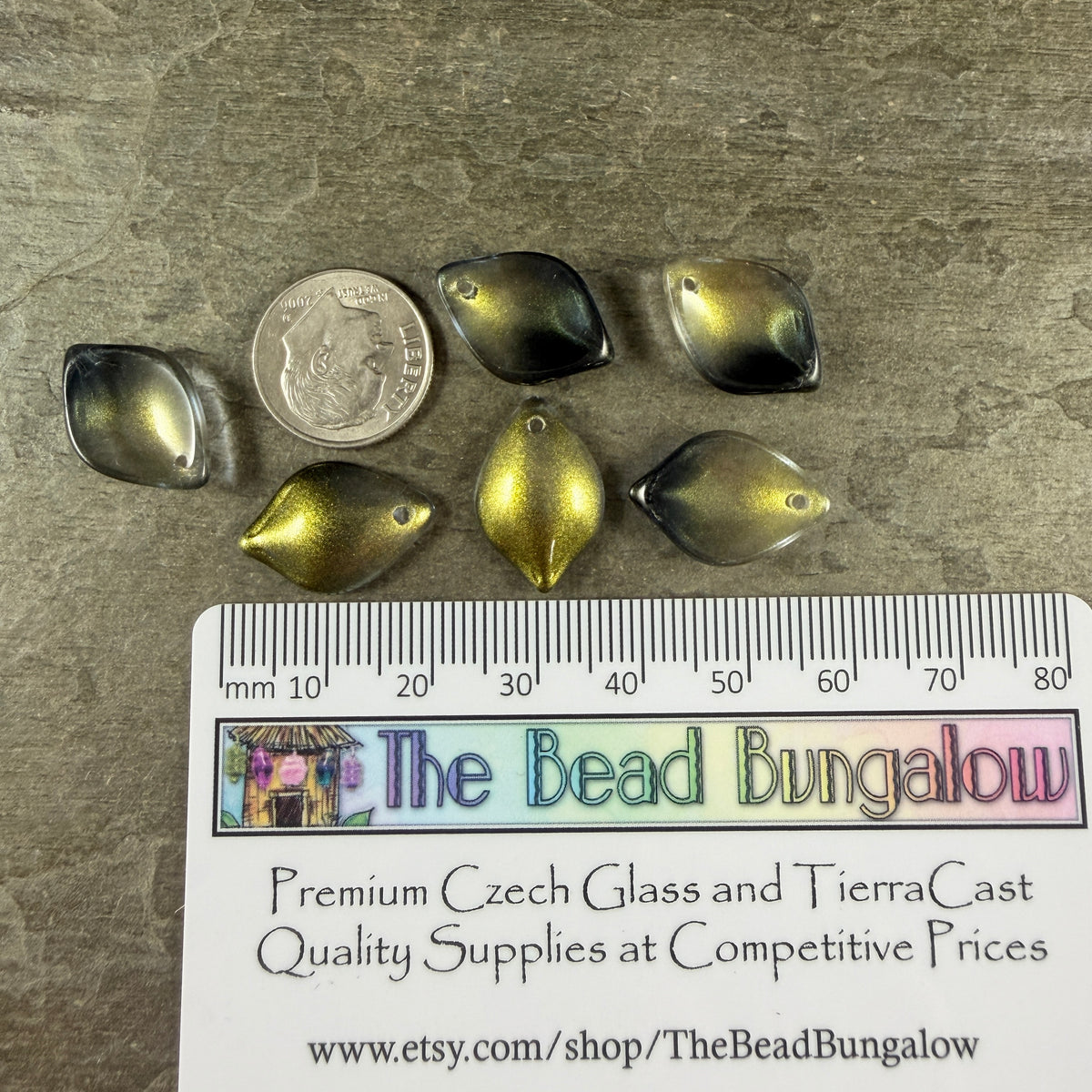 Black and Gold Glass Petal or Leaf Bead, 19x13mm Concave Oval (COL-102) * 10 Beads
