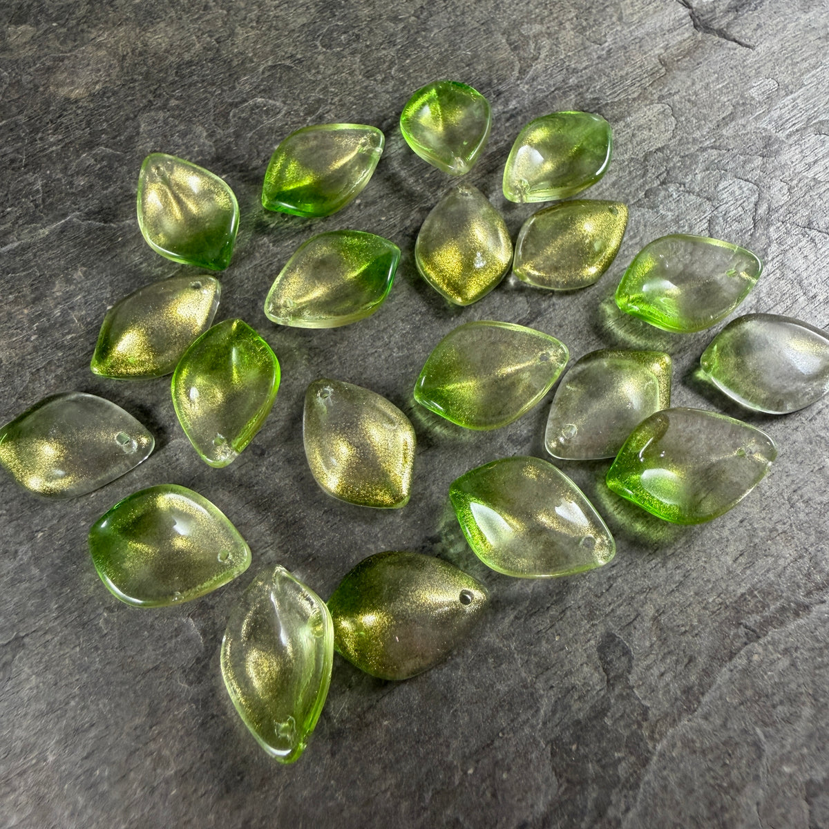 Bright Green and Gold Glass Petal or Leaf Bead, 19x13mm Concave Oval (COL-103) * 10 Beads