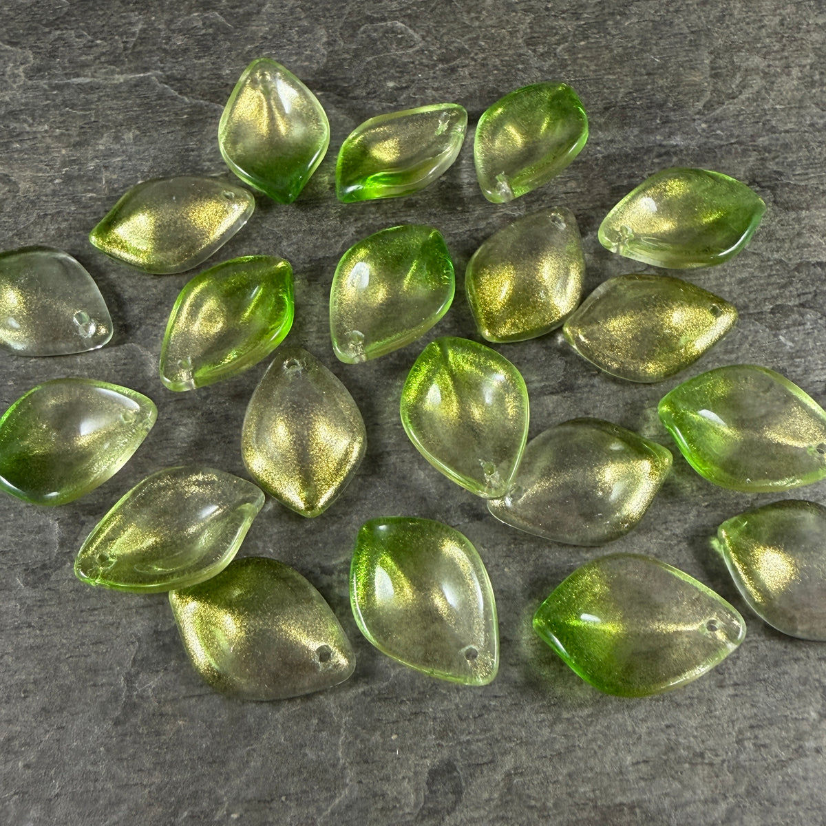 Bright Green and Gold Glass Petal or Leaf Bead, 19x13mm Concave Oval (COL-103) * 10 Beads