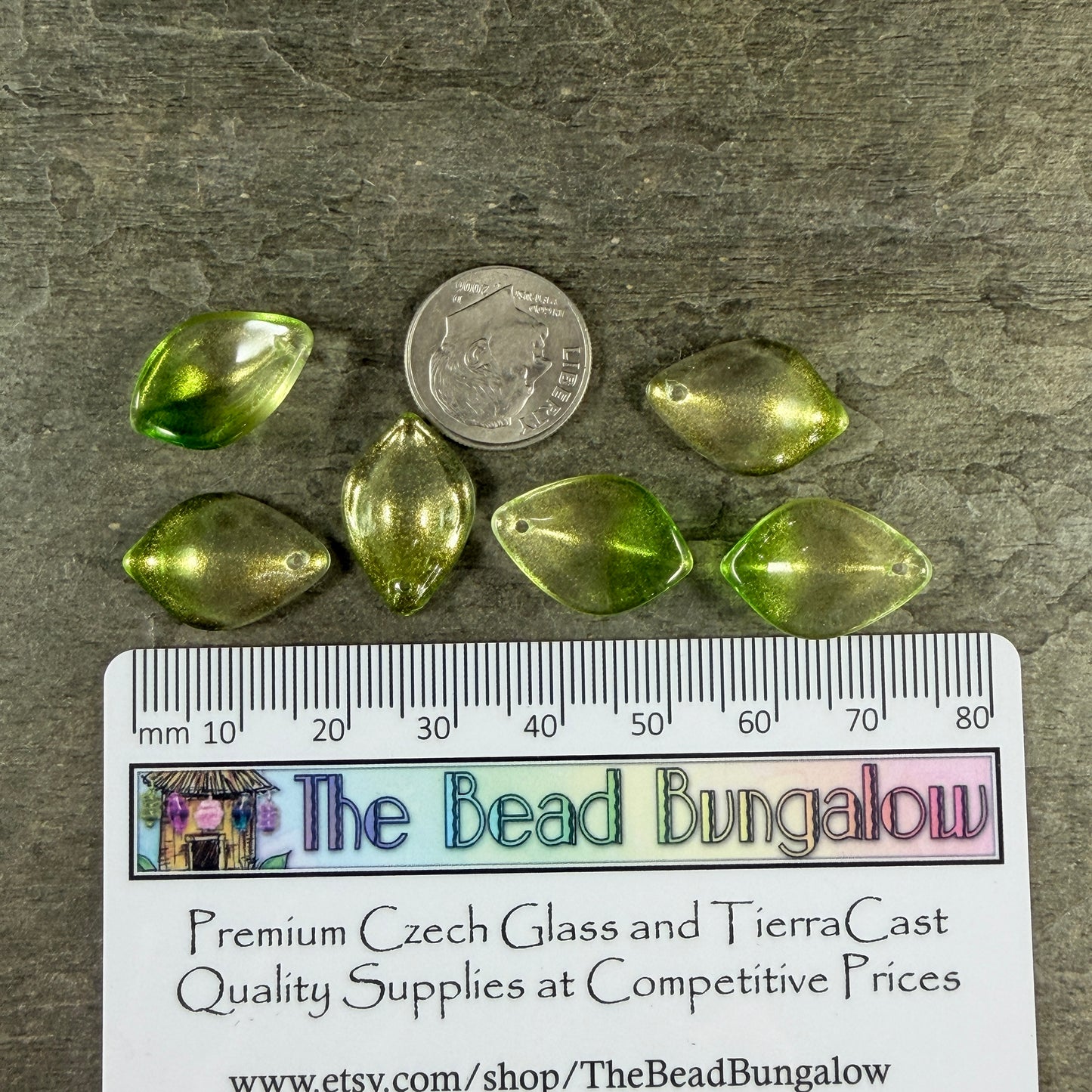 Bright Green and Gold Glass Petal or Leaf Bead, 19x13mm Concave Oval (COL-103) * 10 Beads