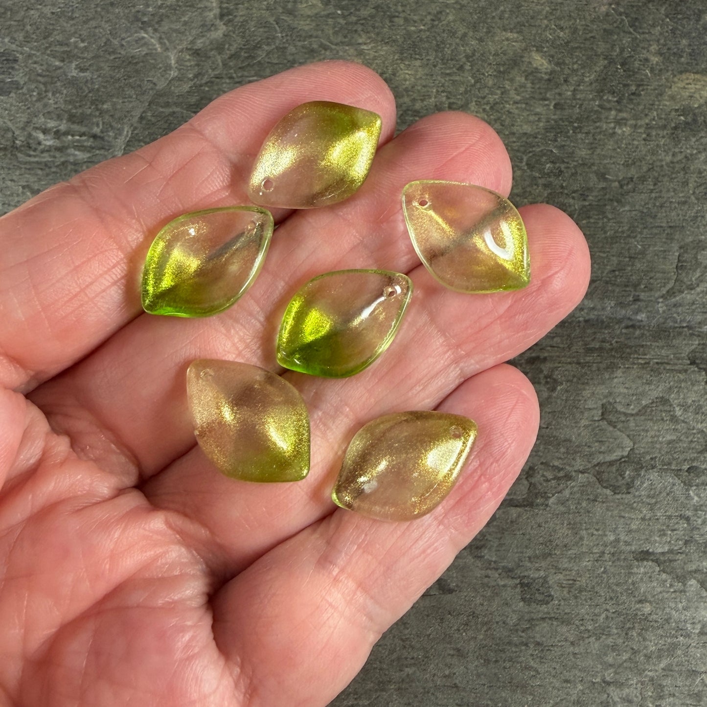 Bright Green and Gold Glass Petal or Leaf Bead, 19x13mm Concave Oval (COL-103) * 10 Beads