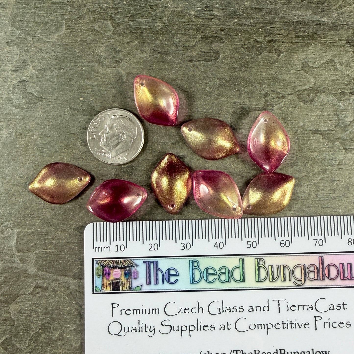 Fuchsia and Gold Glass Petal or Leaf Bead, 19x13mm Concave Oval (COL-101) * 10 Beads
