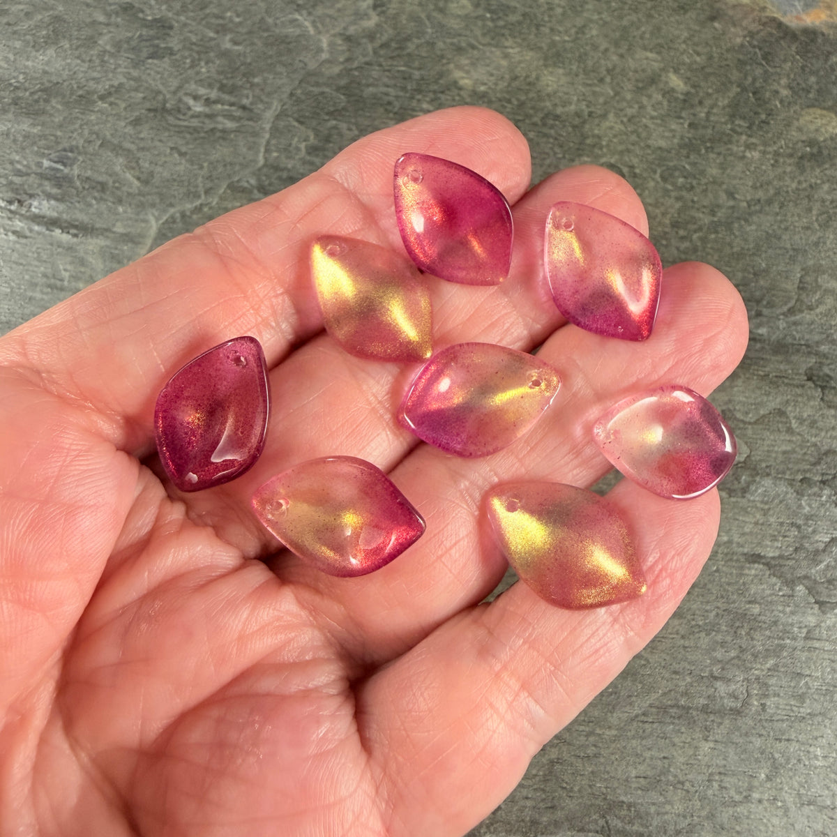 Fuchsia and Gold Glass Petal or Leaf Bead, 19x13mm Concave Oval (COL-101) * 10 Beads