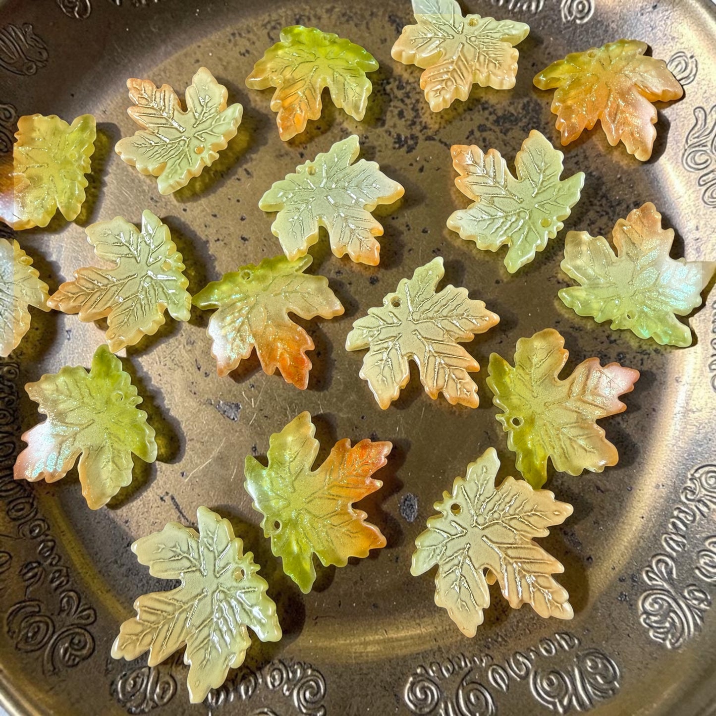 Yellow, Green & Orange Glass Leaf Beads - 19.5mm Top Drilled Maple Leaf Shape (ML19-098) * 10 Beads