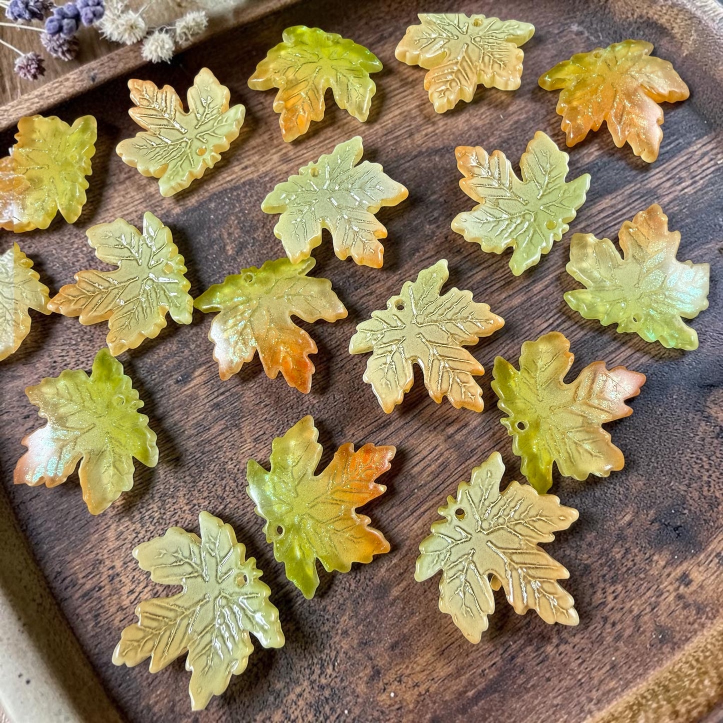 Yellow, Green & Orange Glass Leaf Beads - 19.5mm Top Drilled Maple Leaf Shape (ML19-098) * 10 Beads