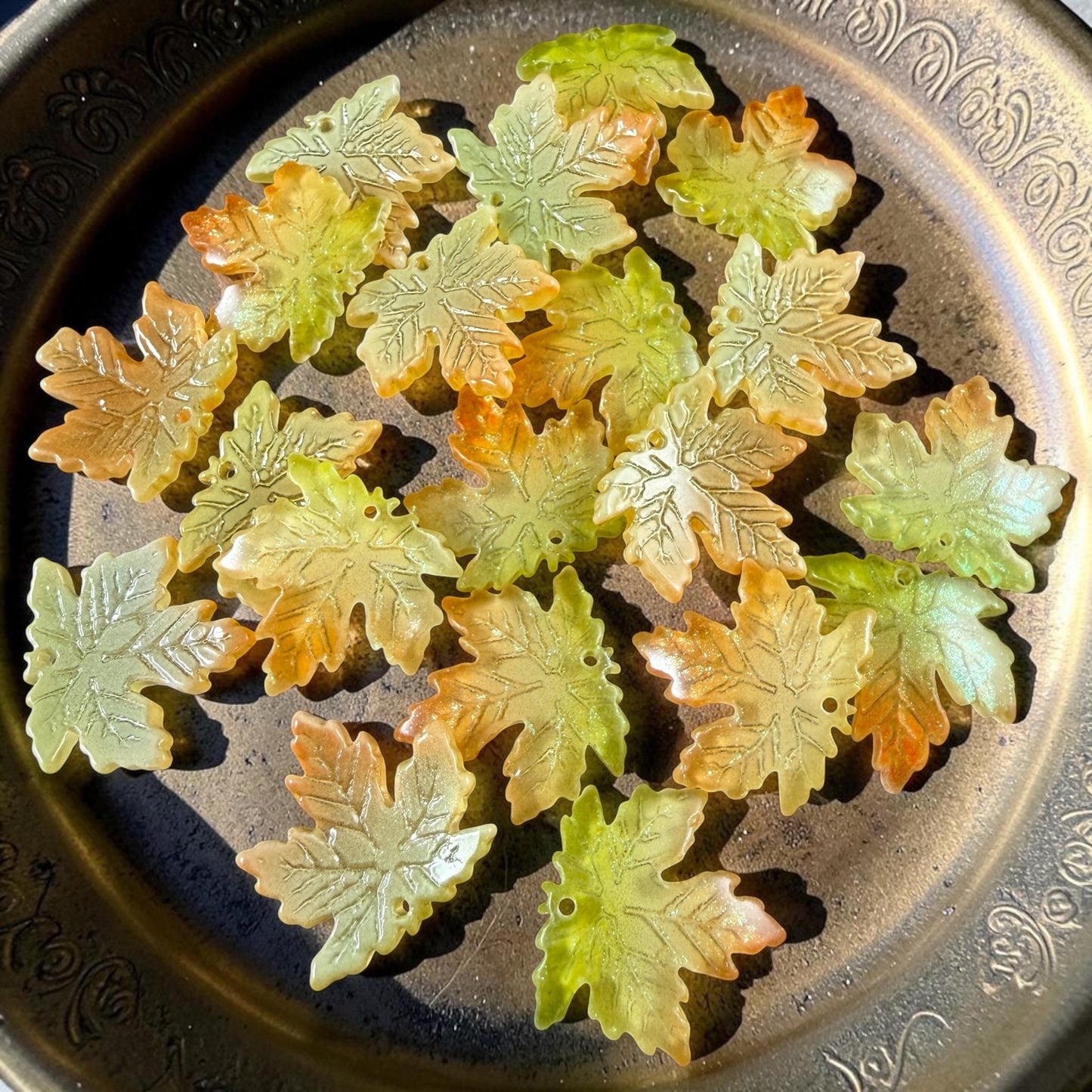 Yellow, Green & Orange Glass Leaf Beads - 19.5mm Top Drilled Maple Leaf Shape (ML19-098) * 10 Beads