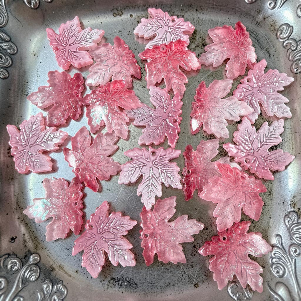 Pink and White Glass Leaf Beads - 19.5mm Maple Leaf Shape (ML19-215) * 10 Beads
