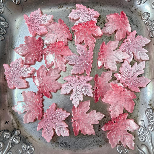 Pink and White Glass Leaf Beads - 19.5mm Maple Leaf Shape (ML19-215) * 10 Beads