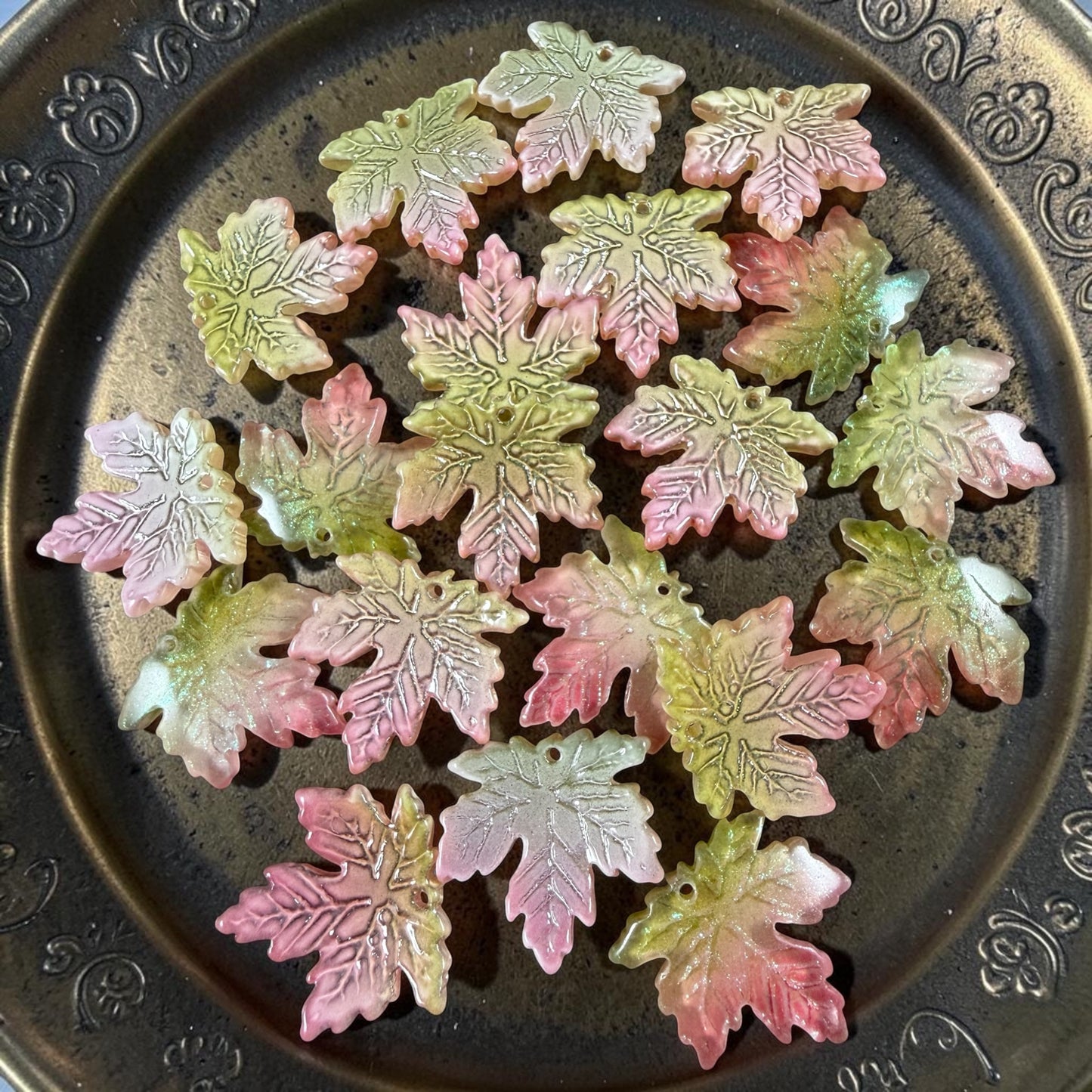 Pink and Green Glass Leaf Beads - 19.5mm Top Drilled Maple Leaf Shape (ML19-817) * 10 Beads (Copy)
