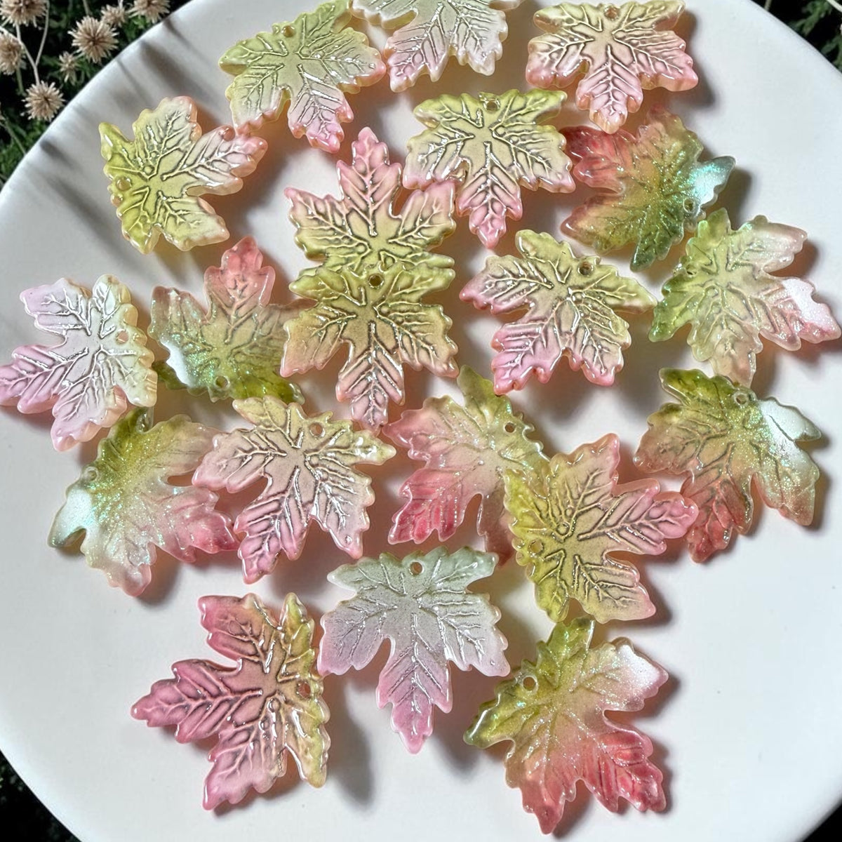 Pink and Green Glass Leaf Beads - 19.5mm Top Drilled Maple Leaf Shape (ML19-817) * 10 Beads (Copy)