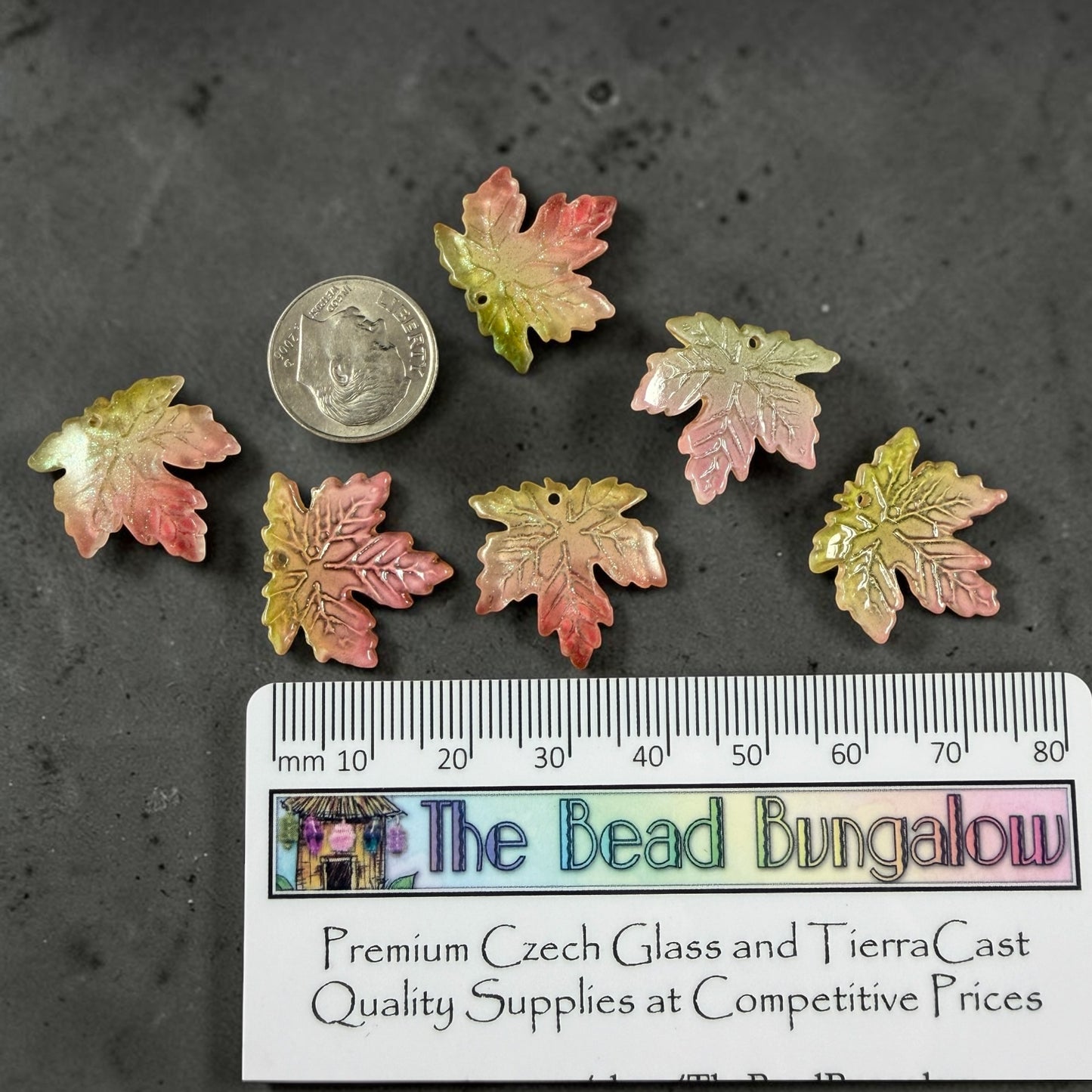 Pink and Green Glass Leaf Beads - 19.5mm Top Drilled Maple Leaf Shape (ML19-817) * 10 Beads (Copy)
