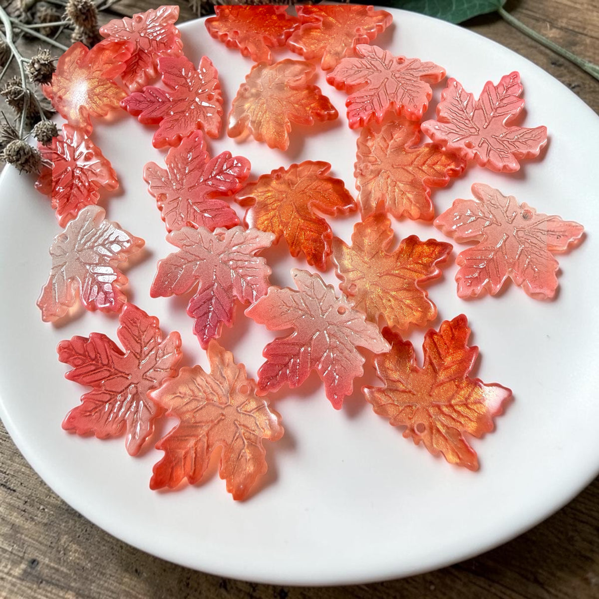 Orange Glass Leaf Beads - 19.5mm Maple Leaf Shape (ML19-305) * 10 Beads