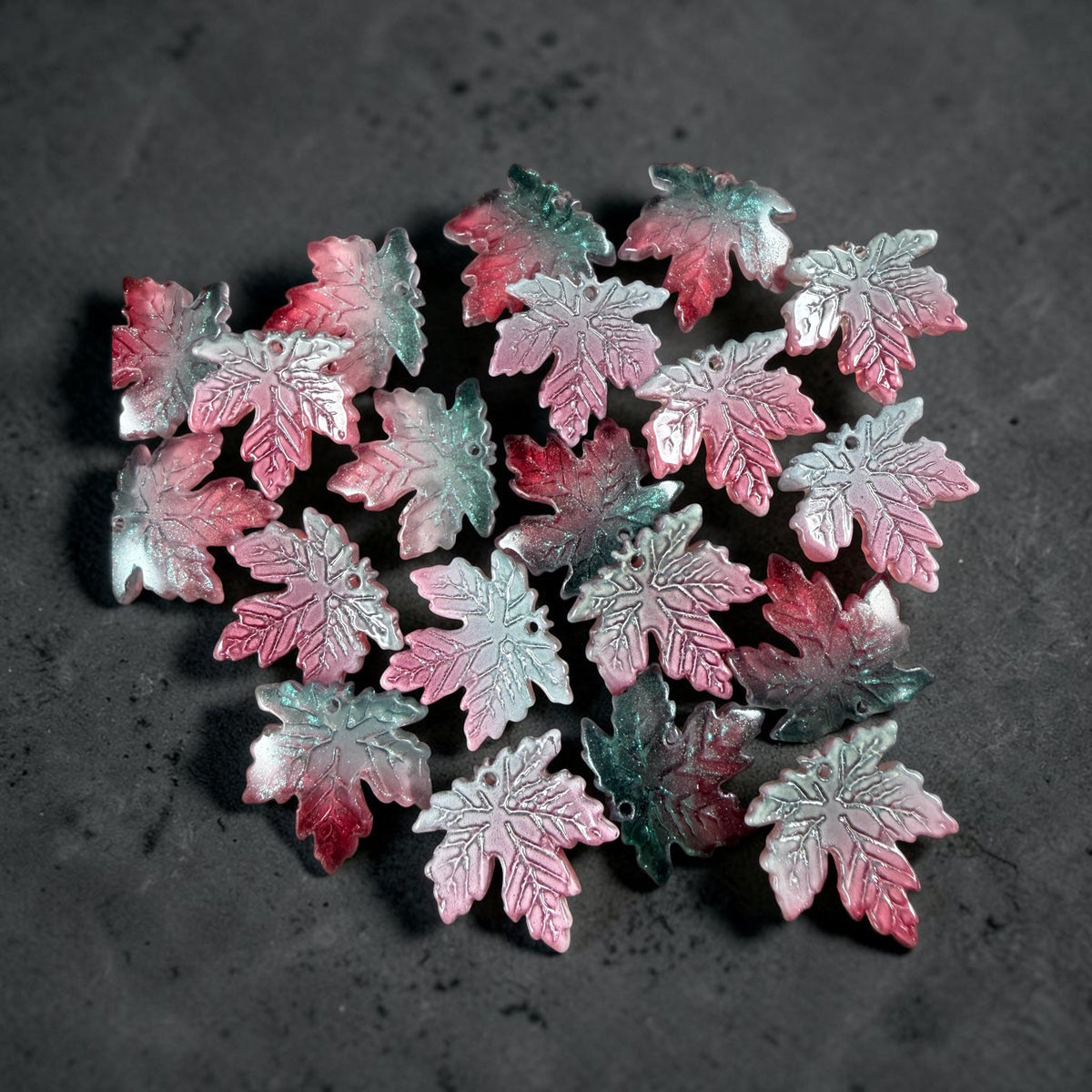 Teal and Fuchsia Glass Leaf Beads - 19.5mm Top Drilled Maple Leaf Shape (ML19-819) * 10 Beads