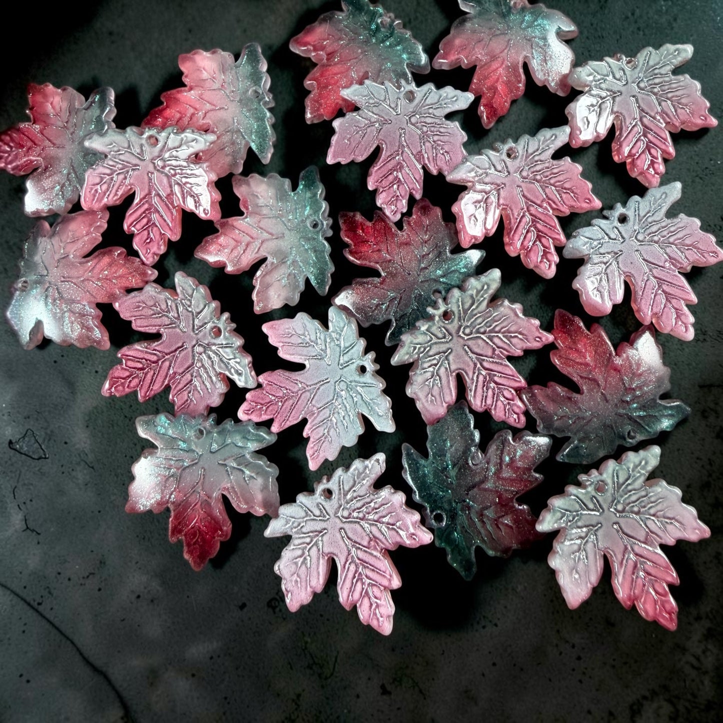 Teal and Fuchsia Glass Leaf Beads - 19.5mm Top Drilled Maple Leaf Shape (ML19-819) * 10 Beads