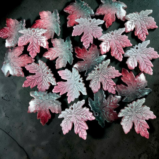 Teal and Fuchsia Glass Leaf Beads - 19.5mm Top Drilled Maple Leaf Shape (ML19-819) * 10 Beads