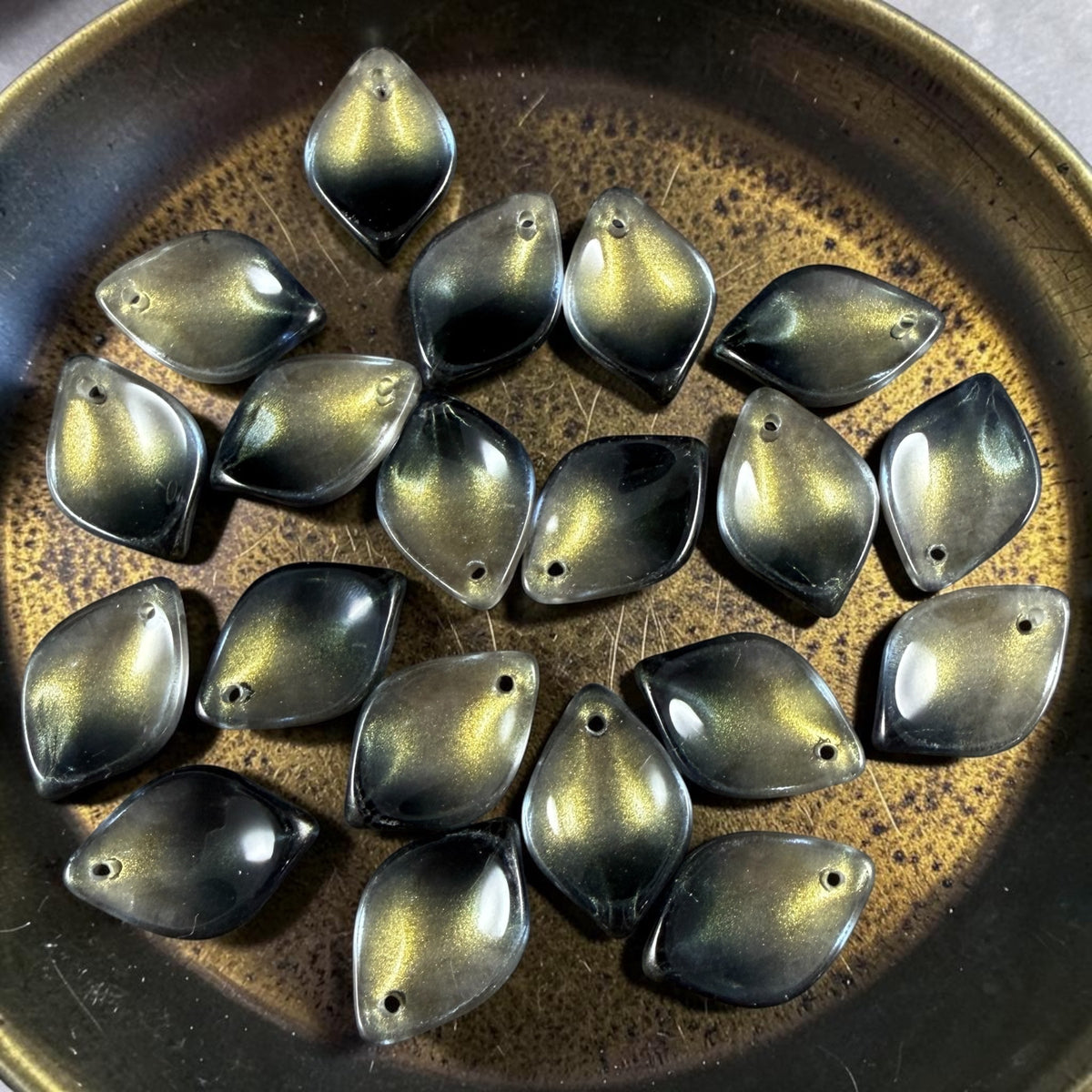 Black and Gold Glass Petal or Leaf Bead, 19x13mm Concave Oval (COL-102) * 10 Beads