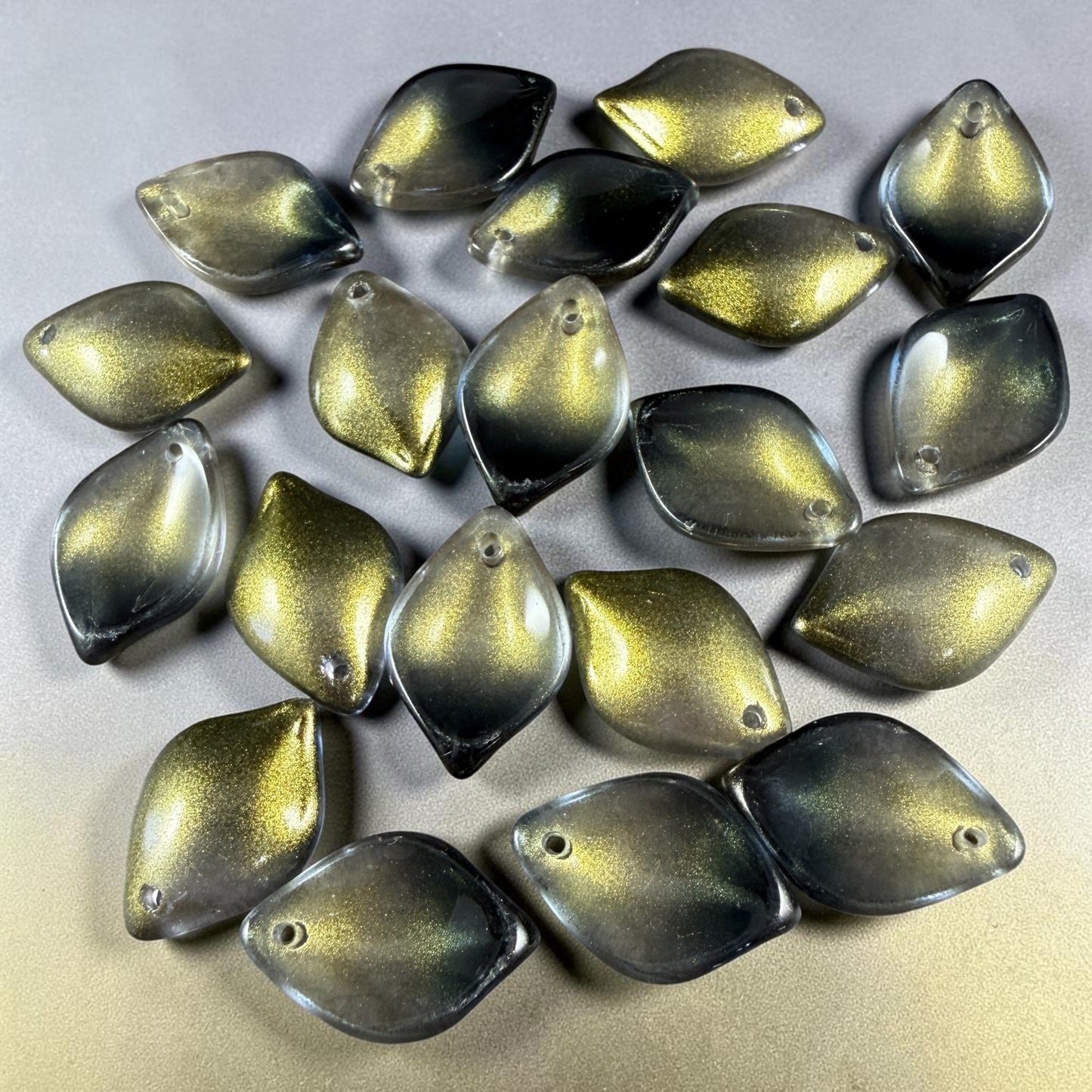 Black and Gold Glass Petal or Leaf Bead, 19x13mm Concave Oval (COL-102) * 10 Beads