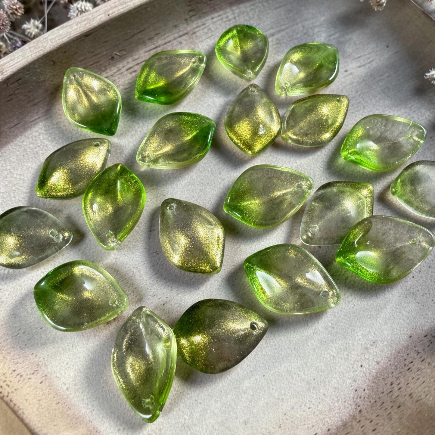 Bright Green and Gold Glass Petal or Leaf Bead, 19x13mm Concave Oval (COL-103) * 10 Beads