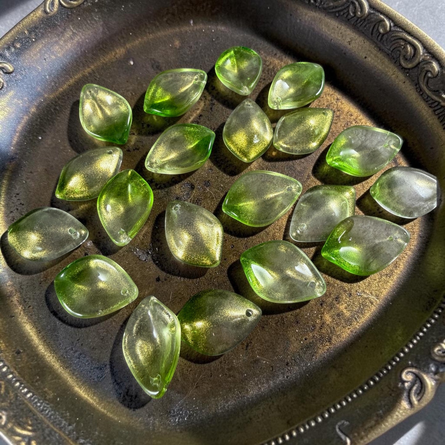 Bright Green and Gold Glass Petal or Leaf Bead, 19x13mm Concave Oval (COL-103) * 10 Beads