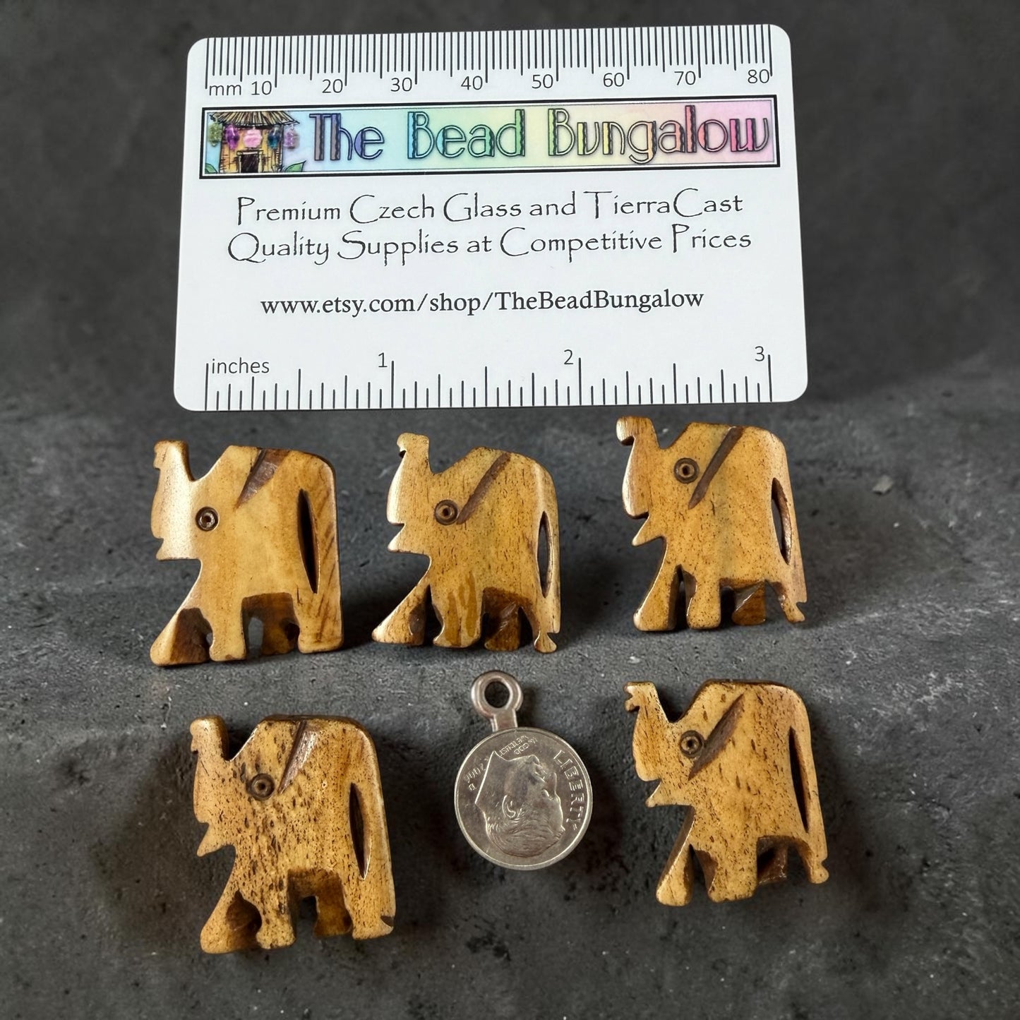 Vintange Elephant Beads - Carved Bone, 22 to 29mm - Lot B - 5 Beads