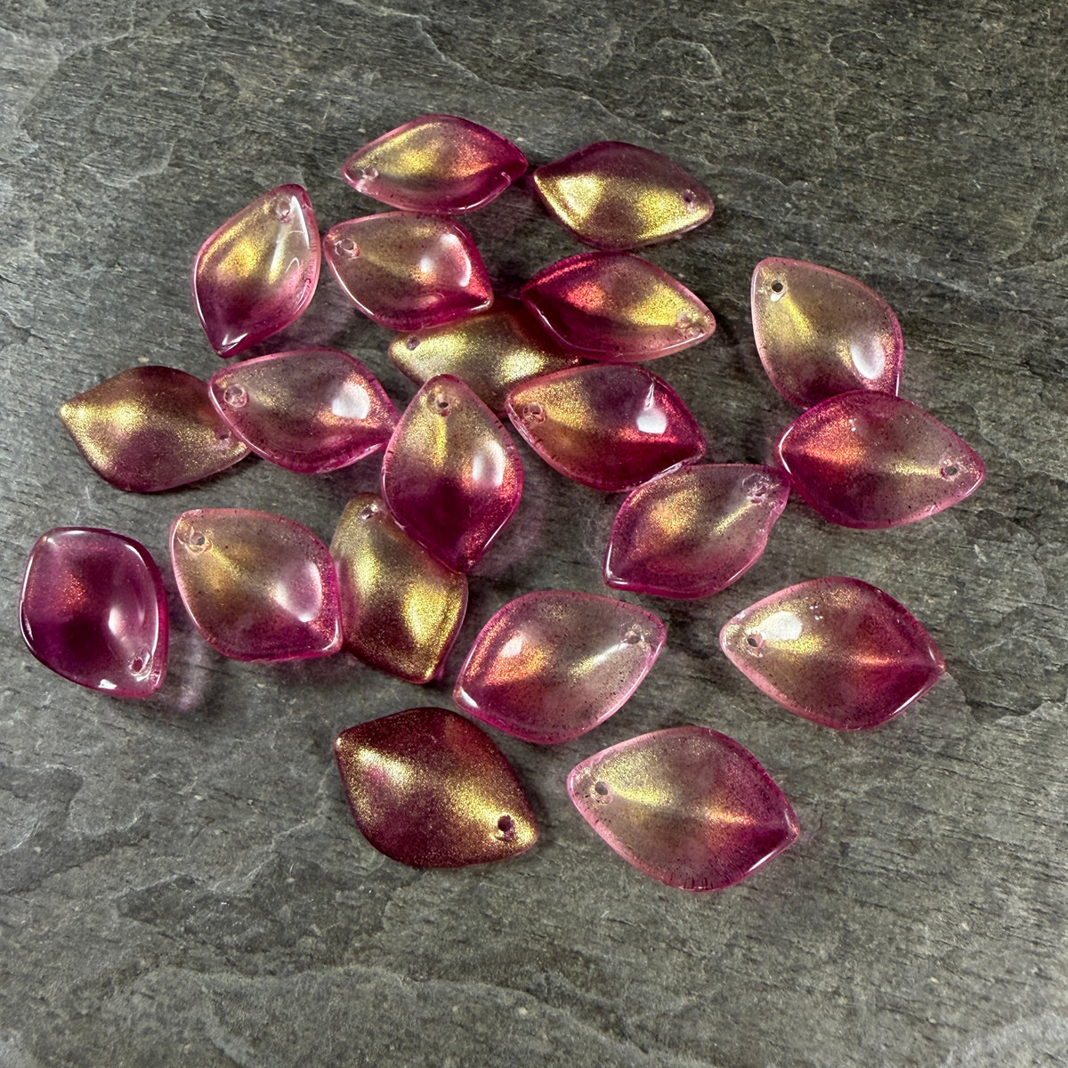 Fuchsia and Gold Glass Petal or Leaf Bead, 19x13mm Concave Oval (COL-101) * 10 Beads