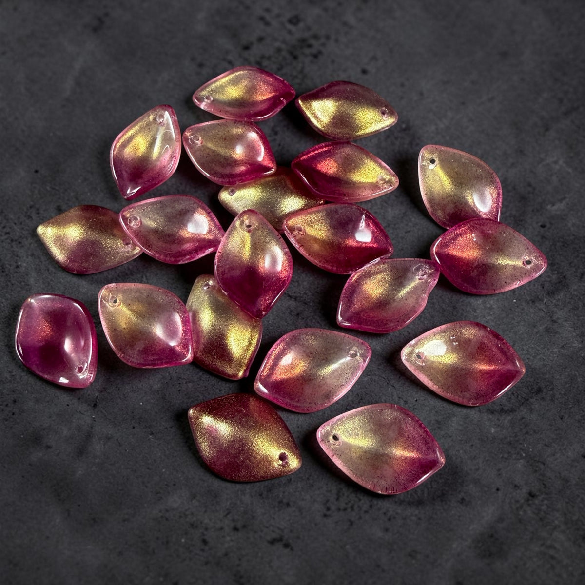 Fuchsia and Gold Glass Petal or Leaf Bead, 19x13mm Concave Oval (COL-101) * 10 Beads