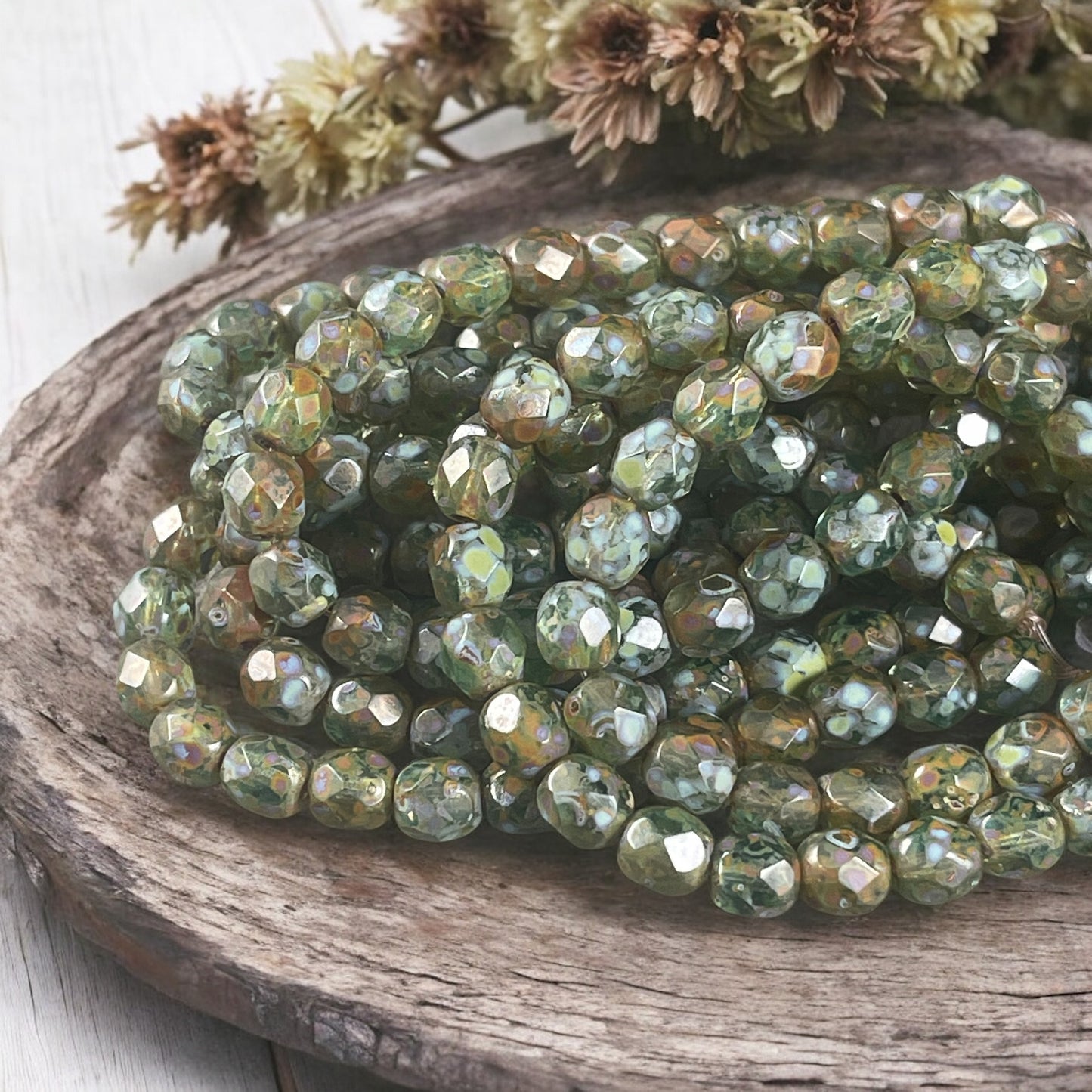 Czech Glass Beads, 6mm Olive Green with Full Picasso Finish (FP6/N-145B) * Qty. 25