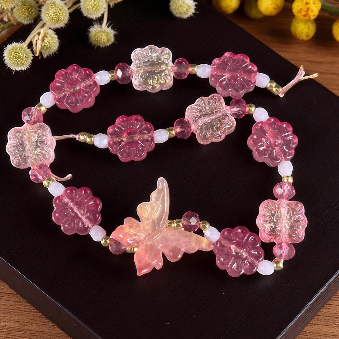 RESERVED - Butterflies - Fuchsia and Light Pink Glass Beads - Butterflies and Flowers - Custom Mix