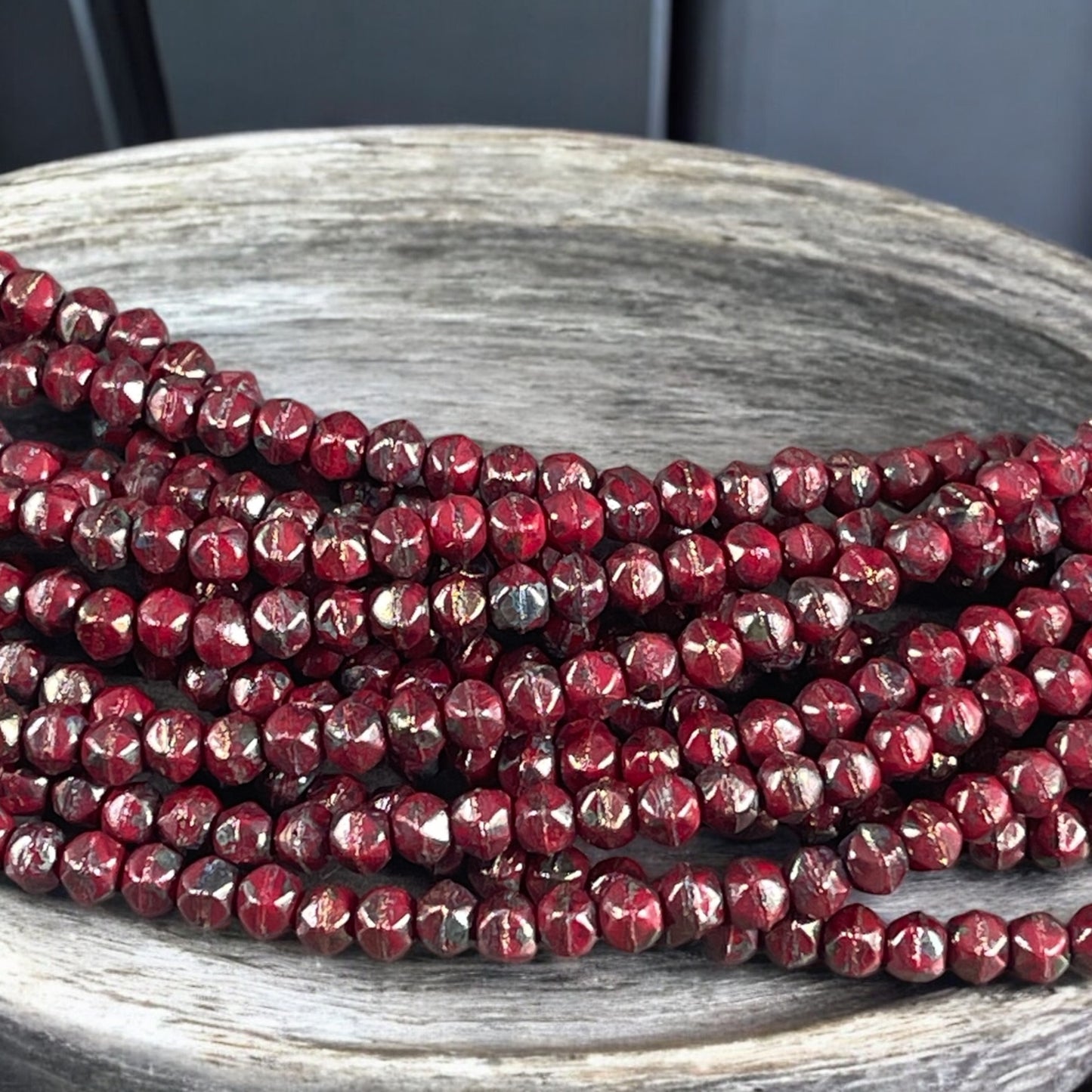 Czech Glass Beads - 3mm English Cut Faceted Cube Glass Beads - Brick Red with Bronze Picasso Beads (EC/SM-BT9320) * Qty. 50