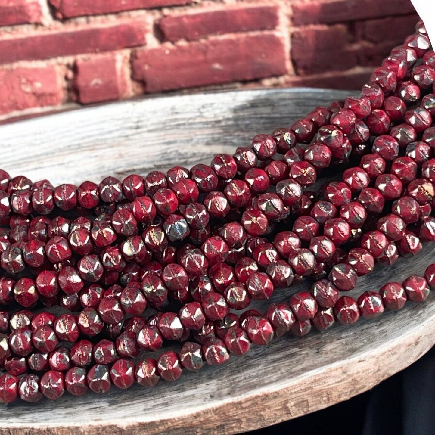 Czech Glass Beads - 3mm English Cut Faceted Cube Glass Beads - Brick Red with Bronze Picasso Beads (EC/SM-BT9320) * Qty. 50