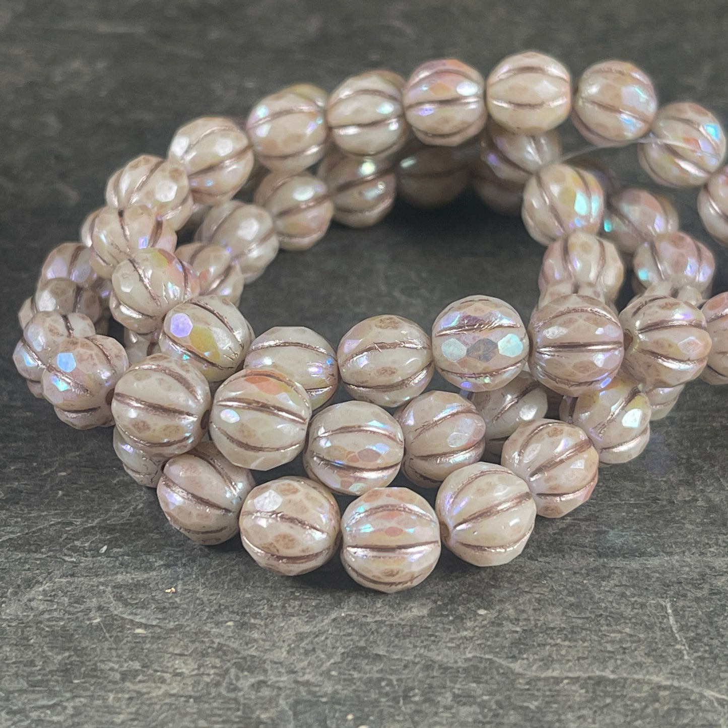 8mm Beige Faceted Melon Shape Bead with AB and Metallic Beige Wash, Czech Glass Beads (8FM/N-1779) * Qty. 20