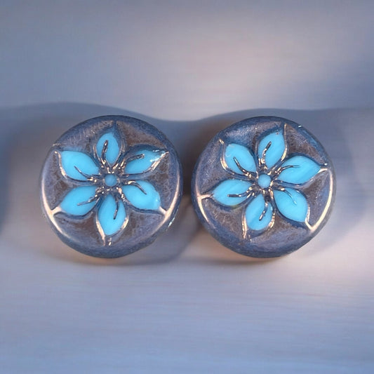 Table Cut Czech Glass Flower Beads ~ 18mm Plumeria Flower Bead ~ Sky Blue and Bronze Czech Glass Beads (TCPF2) *