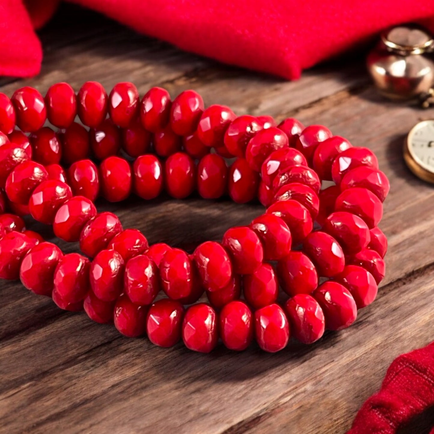 Opaque Red Faceted Czech Glass Beads  5x3mm Rondelle  Opaque Bright Red Glass with Bronze Picasso (R5/N-0147) - Qty. 30