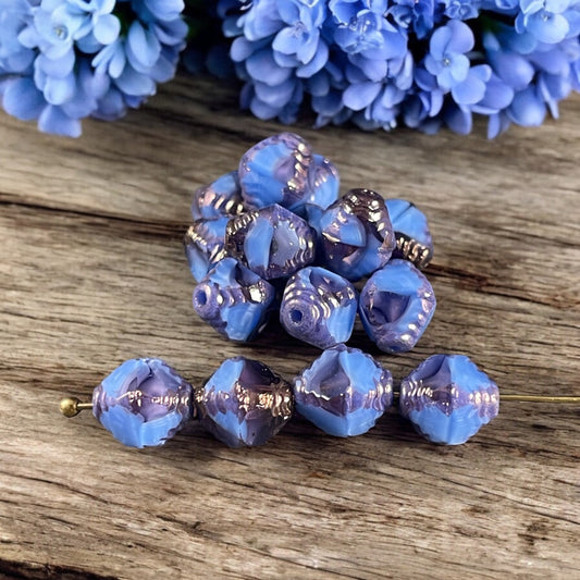 Periwinkle and Violet Faceted Bicone Beads, Purple and Blue Czech Glass Beads with Bronze Picasso, Two-Tone Beads (BIC/N-0304) * Qty. 10