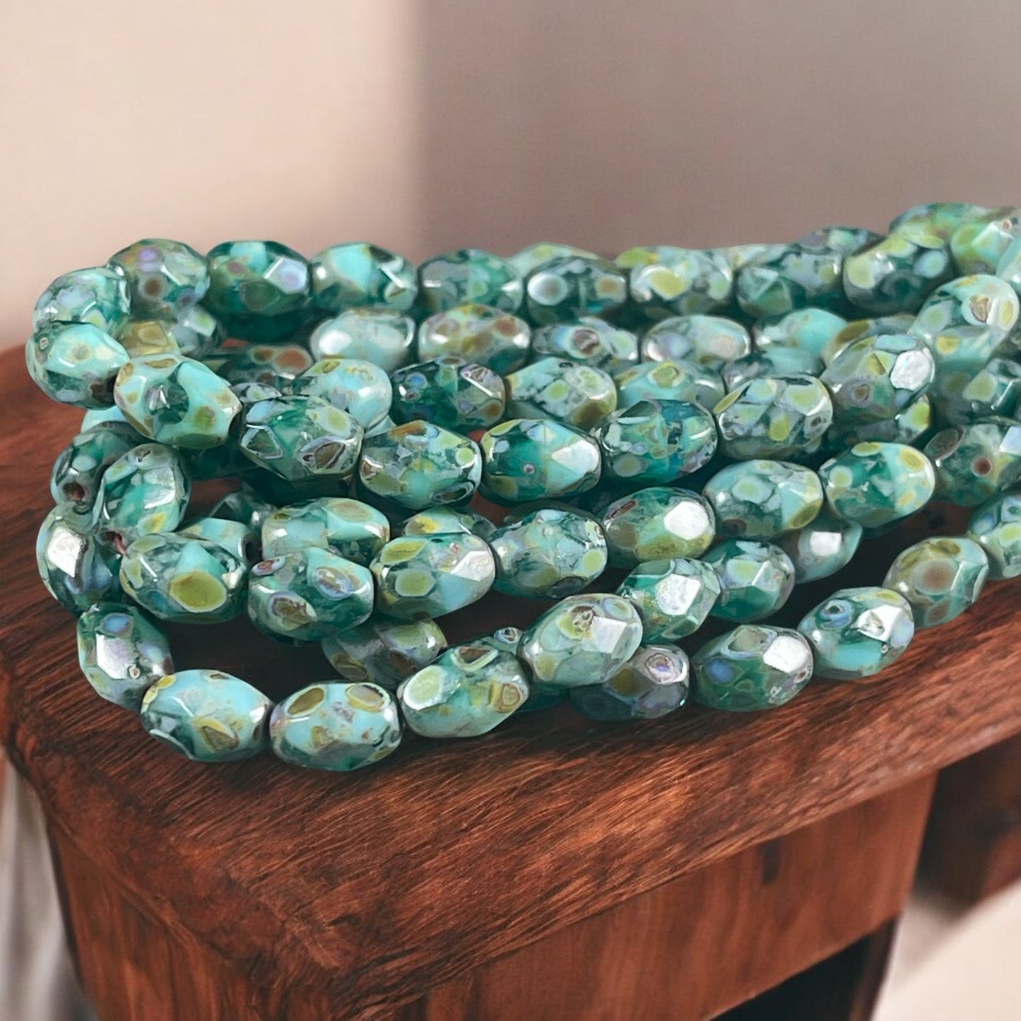 Turquoise, Capri Blue and Emerald Green 7x5mm Faceted Oval, Multi-colored Czech Glass with Picasso Finish (FOV/N-0601) * Qty. 20